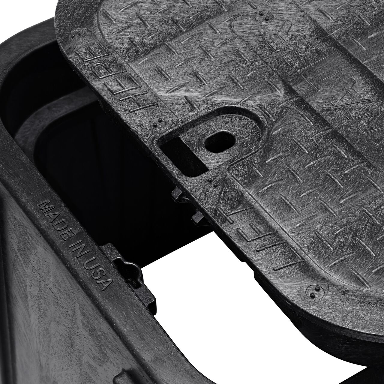 Align the bolt hole on the lid with the universal locking mechanism hole from the box on the NDS 14 in. X 19 in. Rectangular Pro-Spec® Series Black Box and Black Water Cover (NDS 313BCBWBLK) for a secure fit