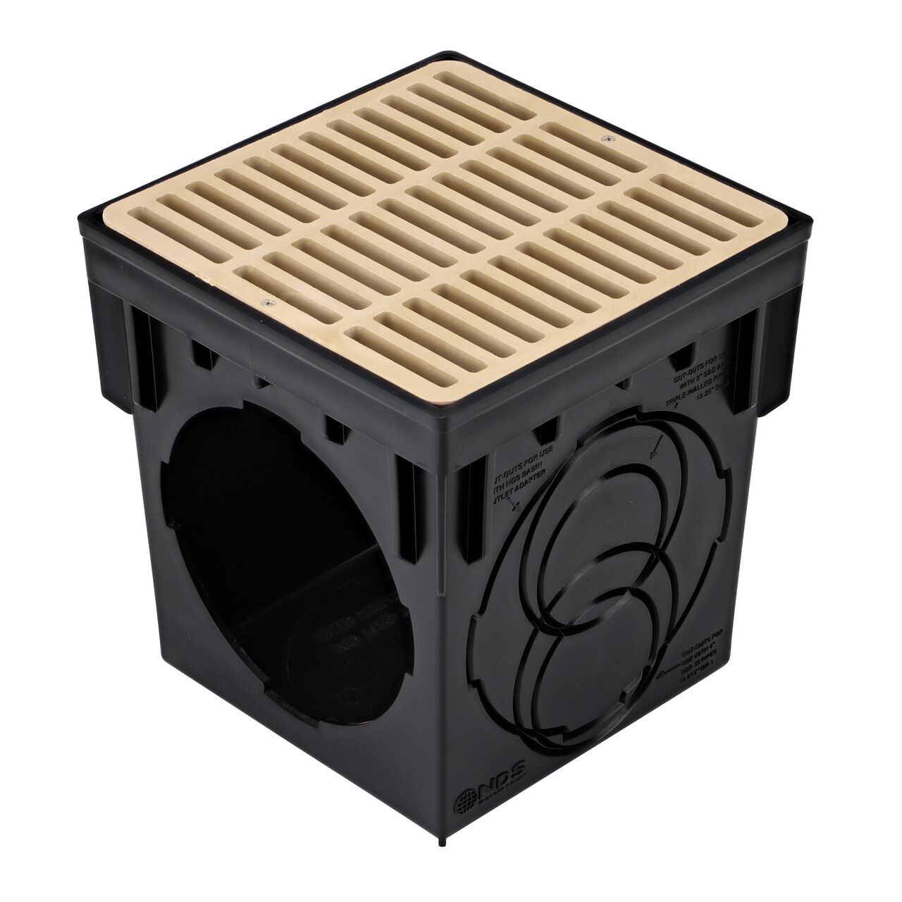 9 in. Sand plastic grate (NDS 999S) installed on a black plastic 9 in. Catch Basin Drain with 2 Openings (NDS 900)