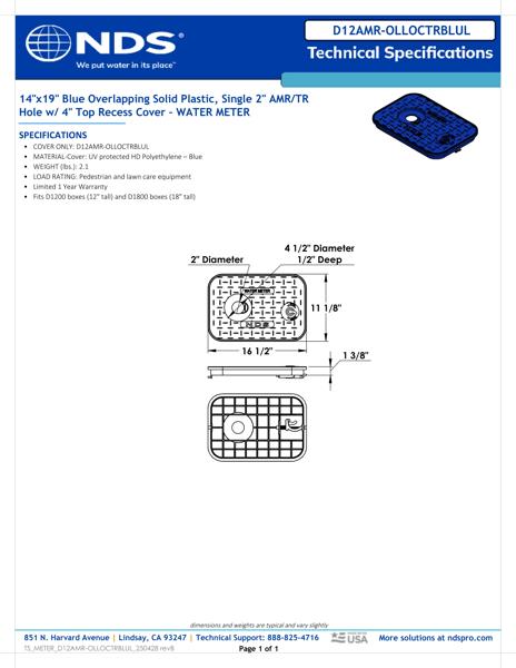 NDS 14 in. X 19 in. Rectangular Meter Box Locking AMR Cover, Blue Water Meter with 2 in. Touch Reader Hole, 4 in. Recess Tech Spec