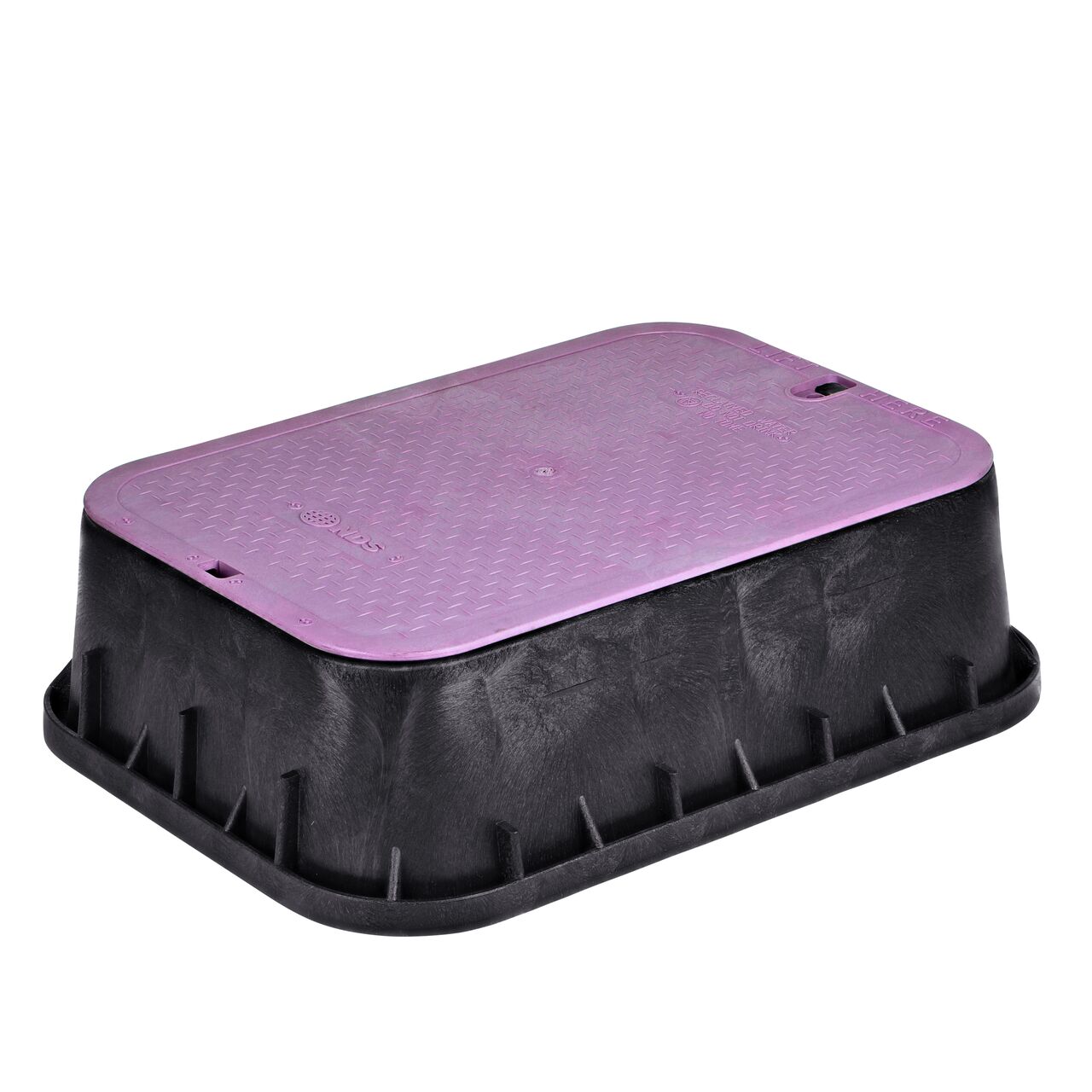 The NDS 13 X 20 in. Rectangular Standard Series Jumbo Valve Box Tapered Extension and Cover is a 6-1/2 in. high Black Box and Purple Reclaimed Water Cover with Irrigation Control Valve markings on the overlapping lid (NDS 119TBCR) and protects underground irrigation and sprinkler system components and keeps them out of sight