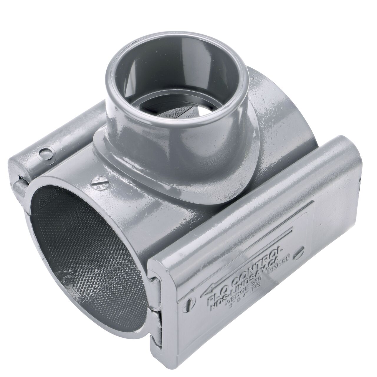 The 2 in. slip outlet at the top of the NDS Clamp-It™ Rigid PVC Saddle (NDS 453020) for 3 in. PVC pipe adds a riser or sprinkler to an existing pipeline for agricultural or mining applications