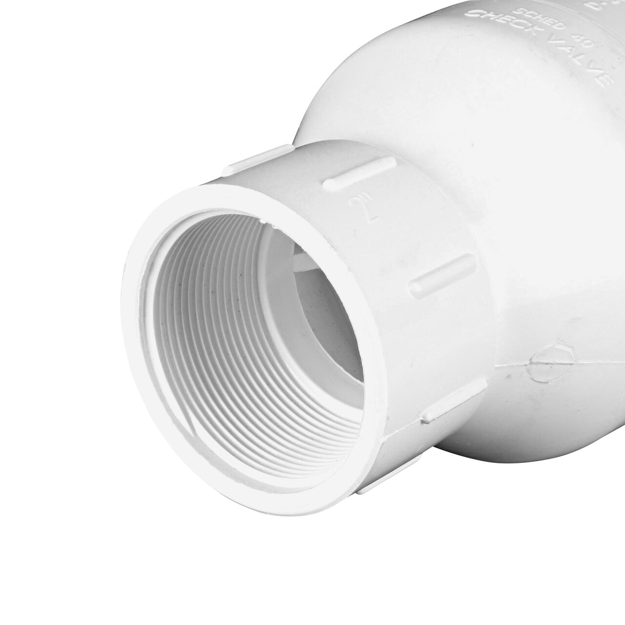 Closeup of the threaded end of the NDS White 2 in. IPS FPT X FPT PVC Adjustable Spring Check Valve with 1-3/4-14-1/2 lb. Spring (NDS 1205-20)