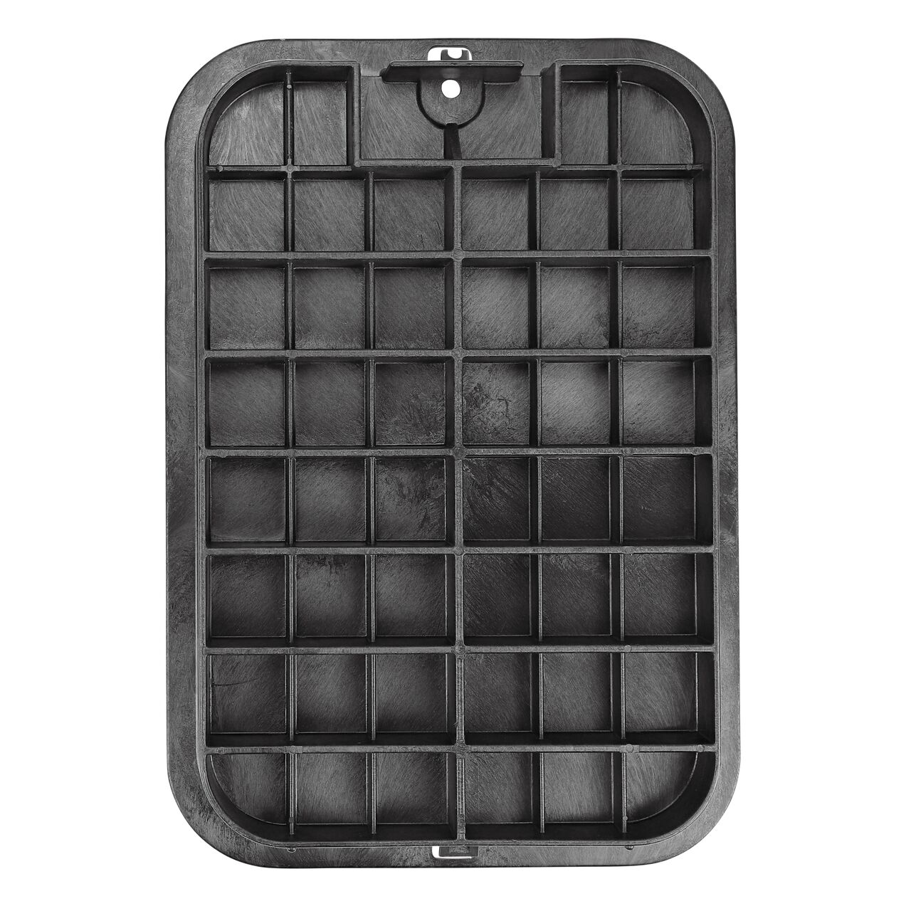 Top down view of the underside side of the Black Water cover (NDS 117BCW) for the NDS 13 in. X 20 in. Rectangular Standard Series Jumbo valve box, showing reinforcing ribs that are load rated to withstand pedestrian traffic and the rigors of lawn care equipment