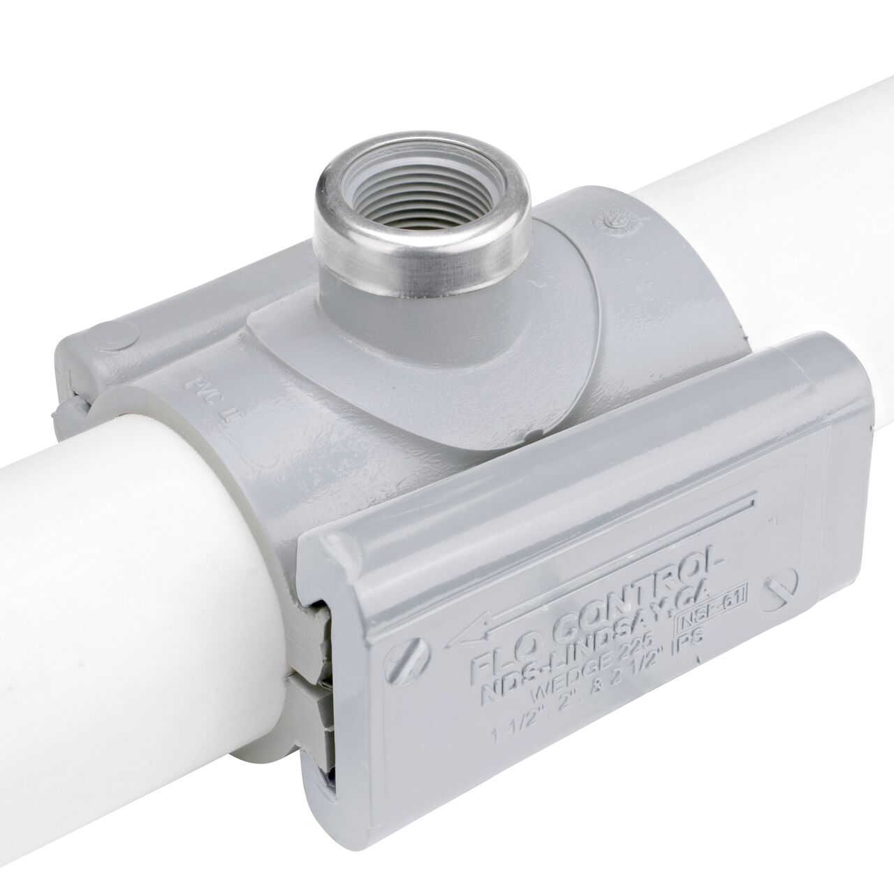 The NDS Clamp-It™ Rigid PVC Saddle with 3/4 in. FPT connection on top (NDS 422007) installed onto 2 inch PVC pipe with the wedge closure fully secure