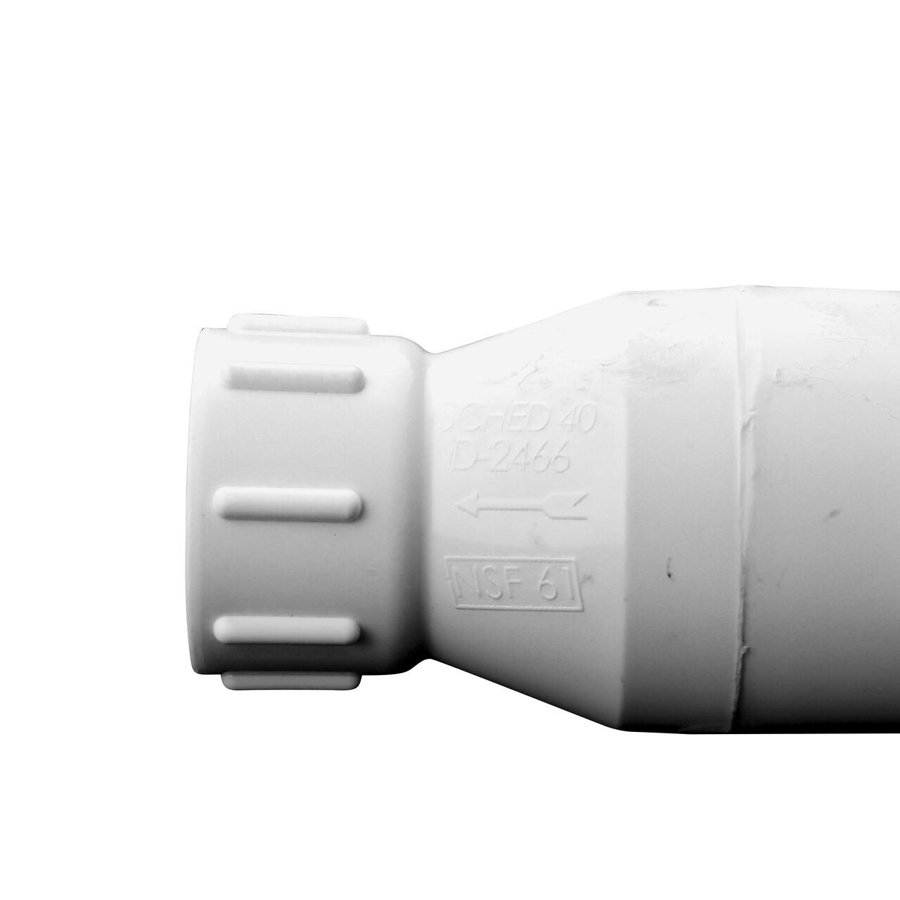 Closeup of the arrow showing water flow of the NDS 3/4 in. White PVC Spring Check Valve (NDS 1001-07, NDS 1002-07)