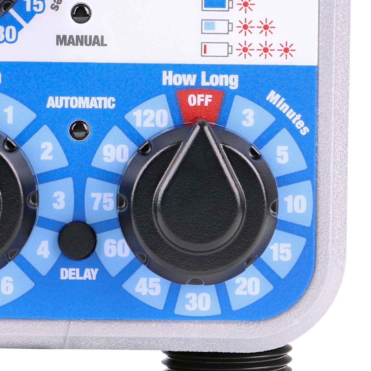 Closeup of the straight on view of the set run time control dial (How Long) on the NDS Automatic Water Timer (NDS A675CT)