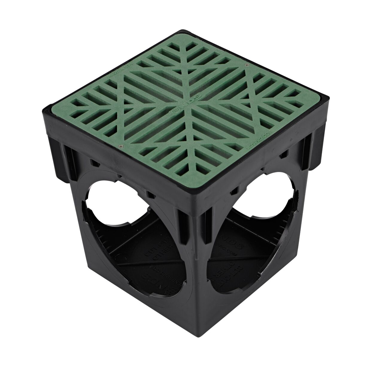 9 in. green plastic grate (NDS 990*) installed on a black plastic 9 in. Catch Basin Drain  with 4 Openings (NDS 900-4); retail