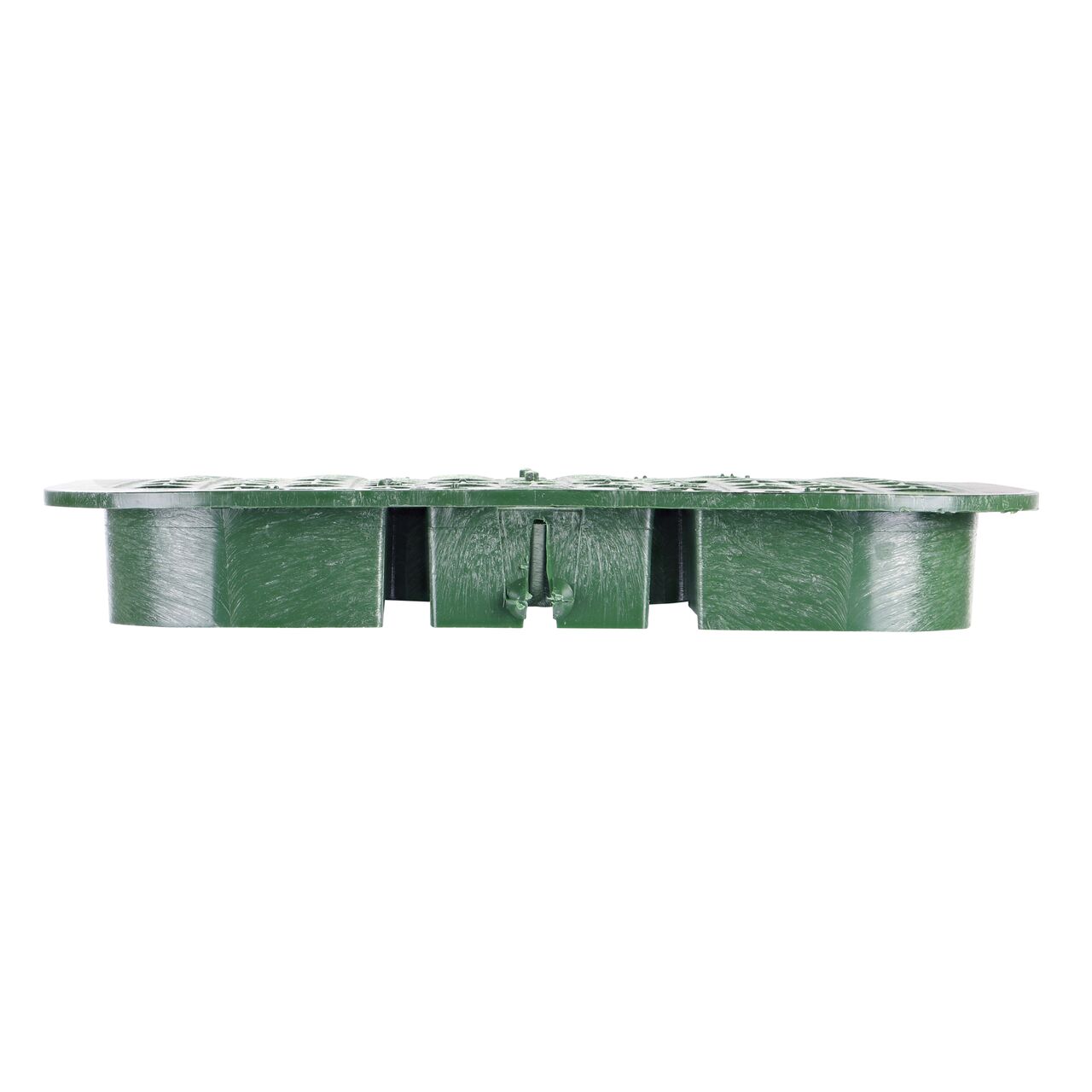 The NDS 13 in. X 20 in. Rectangular Pro-Spec® Series Green Irrigation Control Valve Box Cover (NDS 317C) is an overlapping lid shown here from the side, that prevents dirt and debris from entering the valve box