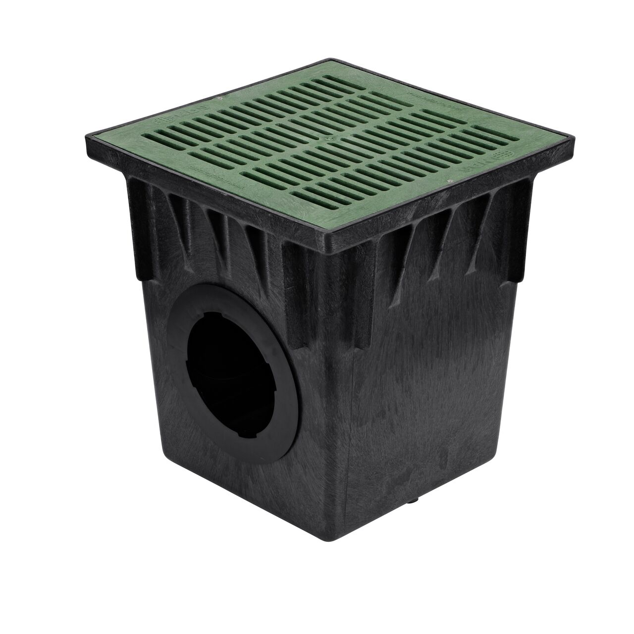 Alternate view of 18 in. Square Catch Basin Drain with 2 Openings (NDS 1882) with a green grate (NDS 1812) installed on top which drains water away through attached pipes