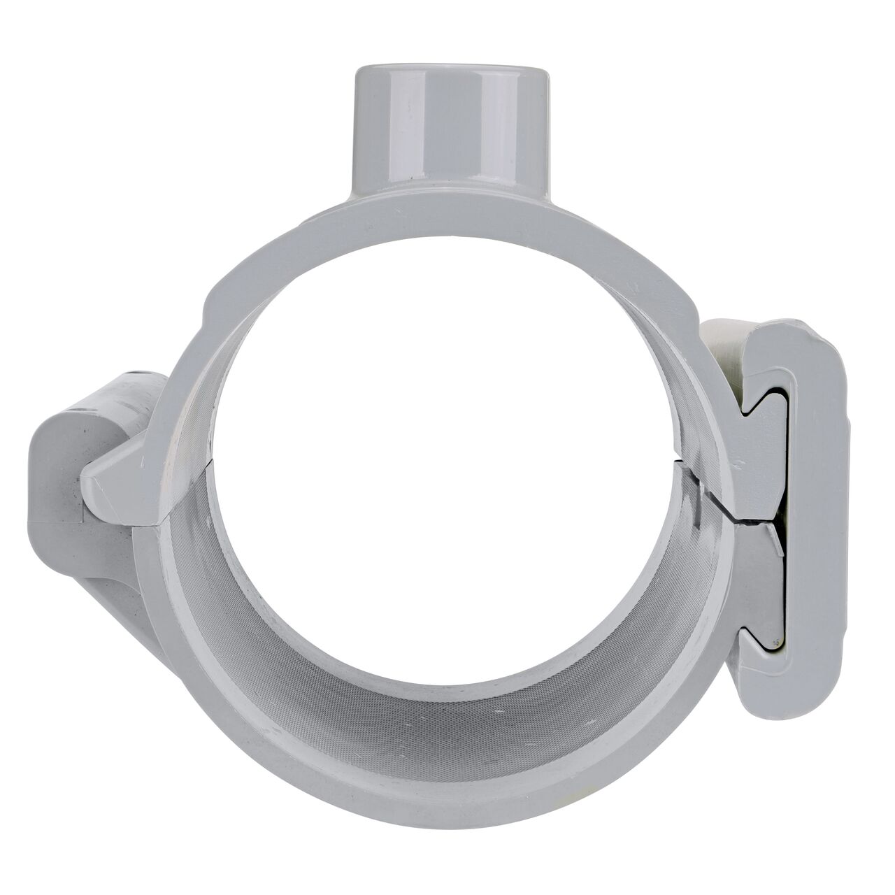 Front facing view of the NDS Clamp-It™ Rigid PVC Saddle with 1 in. slip connection on top (NDS 454010) for 4 in. PVC pipe showing both the wedge and hinge sides