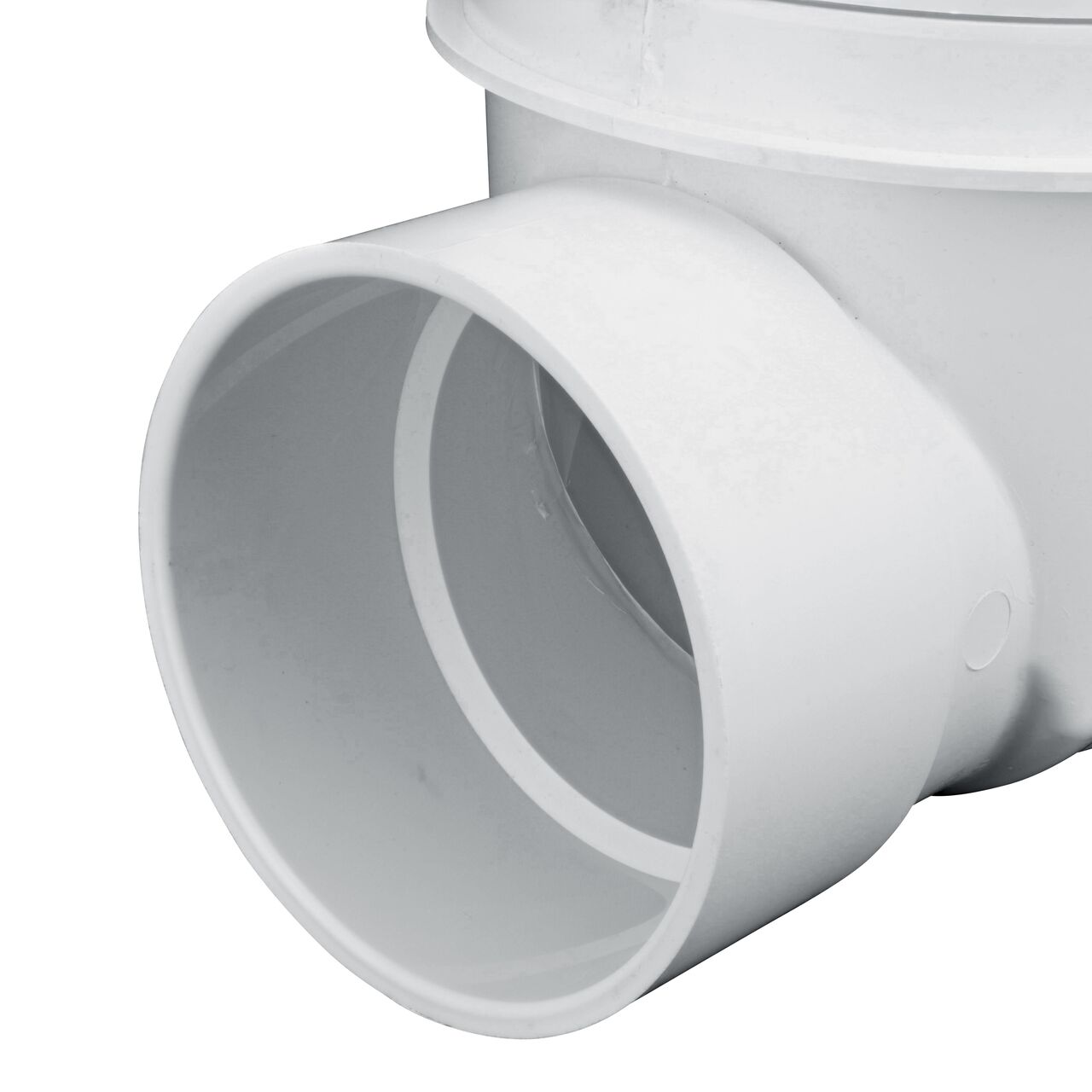 Closeup of the lower outlet end of the NDS White 6 in. PVC Backwater Valve (NDS 675P)