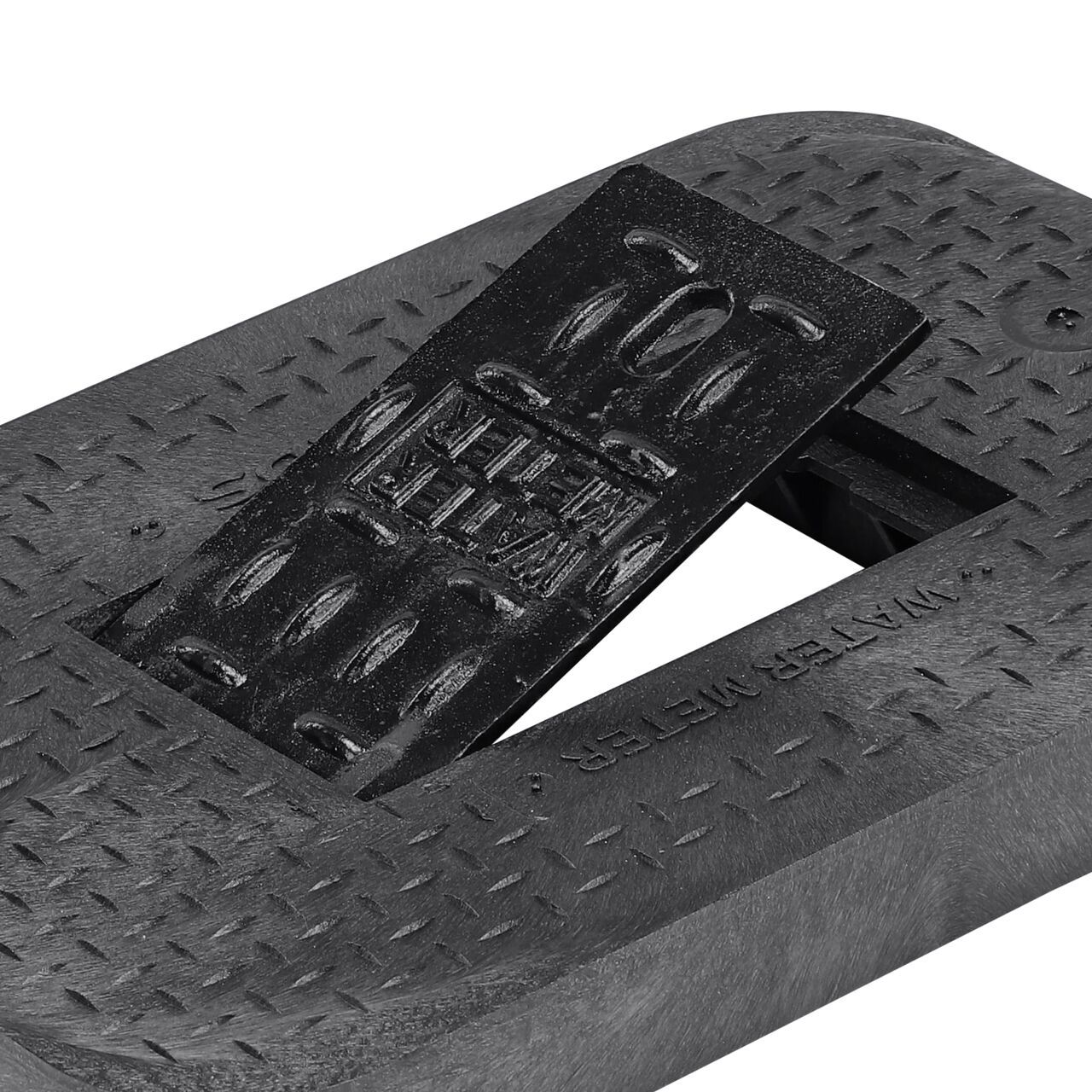 Close up view of the hinged side of the Cast Iron reader door on the Water Meter Black Drop-in 14 in. X 19 in. Rectangular Standard Series Meter Cover which allows for easy meter reading (NDS D1200-DICIRLID)