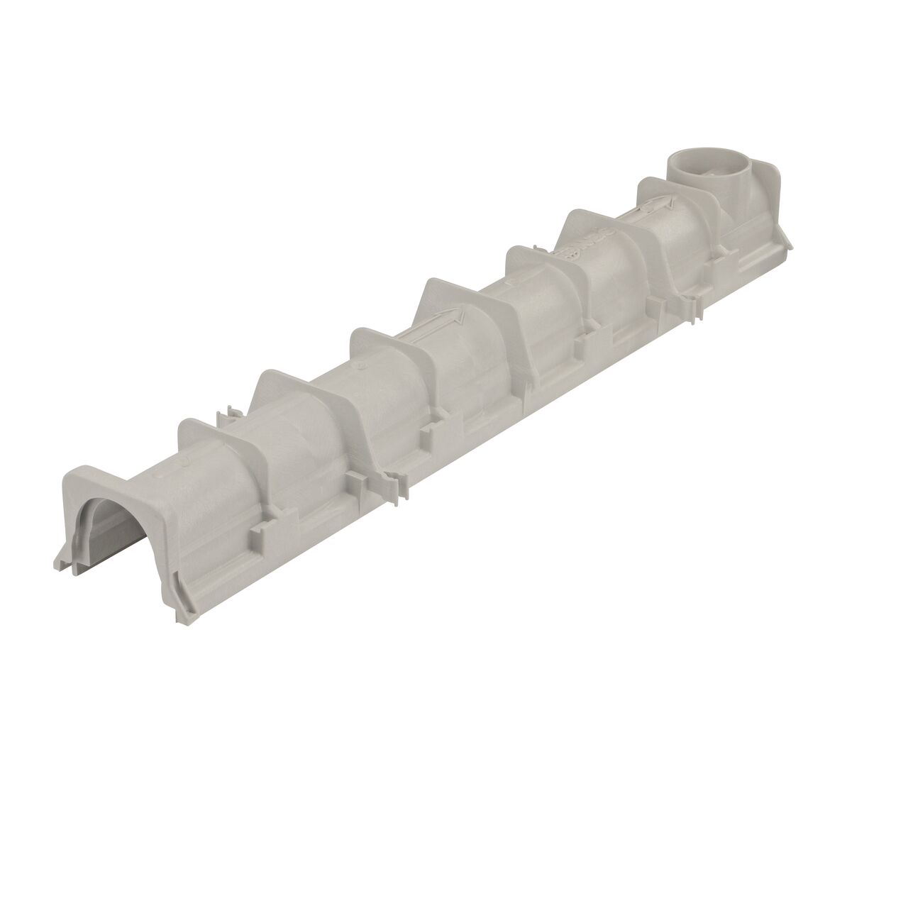 Bottom shot of the NDS 3.99 in. Deep Neutral Dura Slope Channel (NDS DS-090N) shows bottom outlet