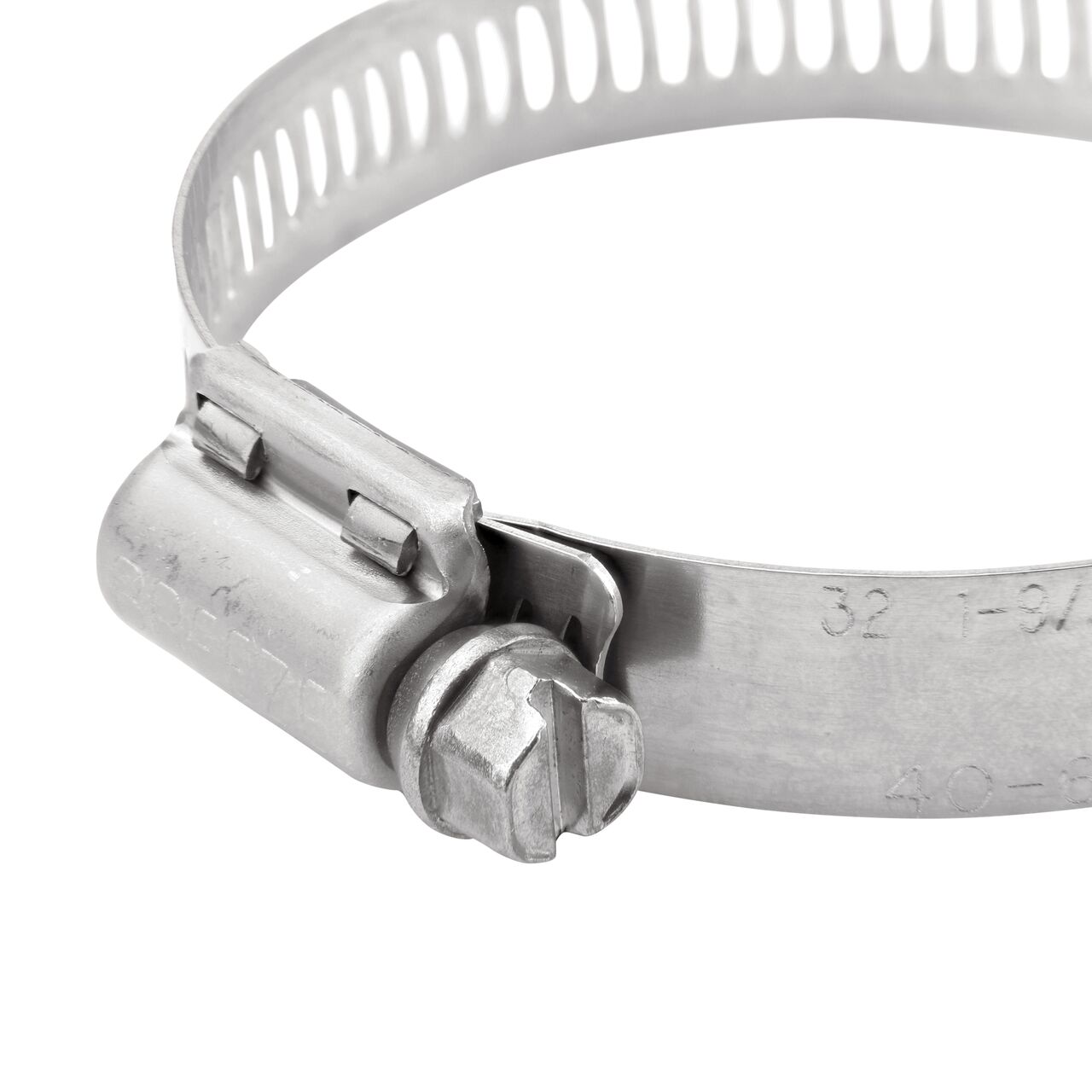 Closeup view of the NDS SAE 32 Worm Drive Hose Clamp with Aero Seal 1/2 in. band width (NDS 64032H) with a 5/16 in. 410 Stainless Steel hex screw; tighten to 30-45 in. lbs. torque to close