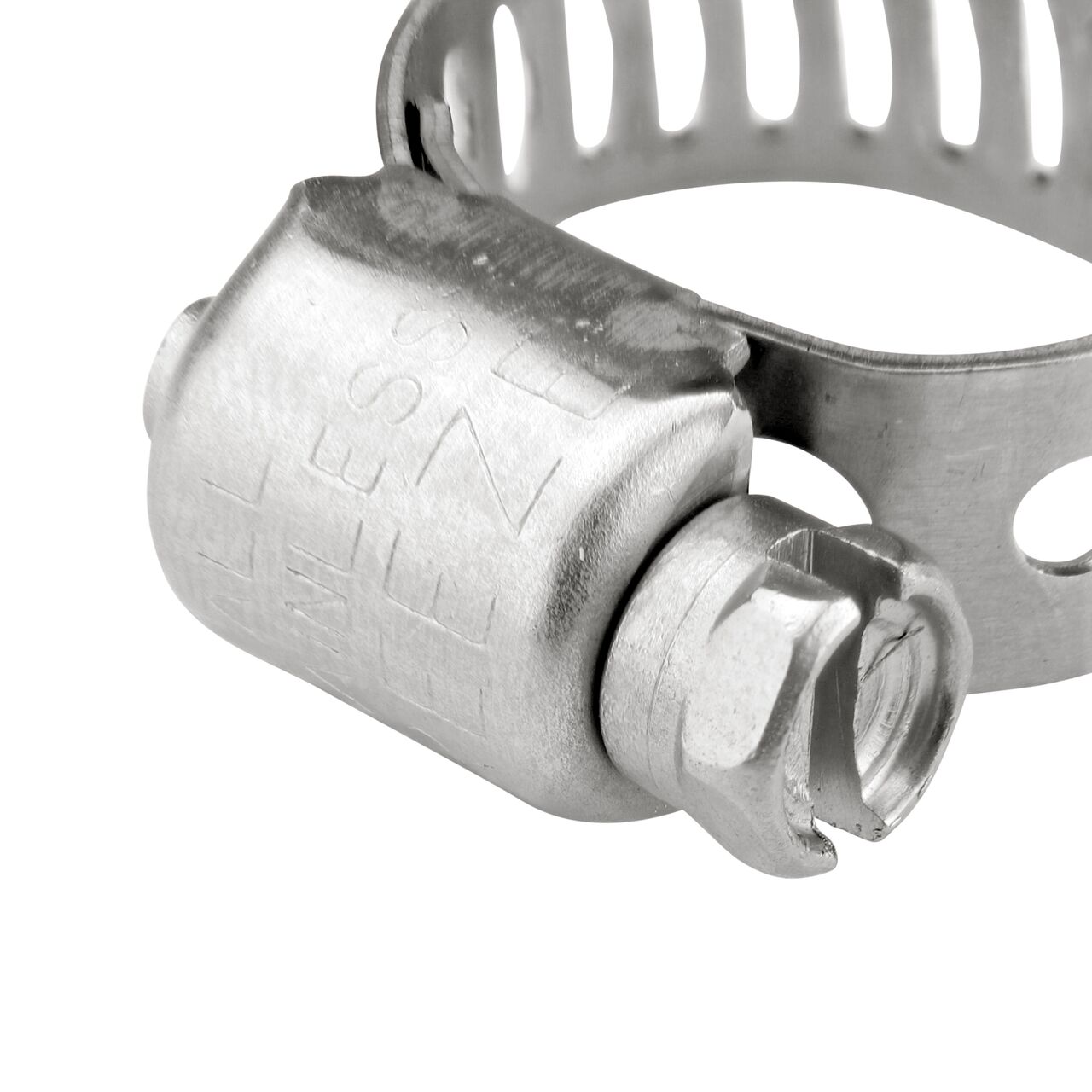 Closeup view of the NDS 7/16 - 25/32 in. Worm Drive Hose Clamp SAE 6 with a 5/16 in. band width (NDS 3604) comes with a 410 Stainless Steel hex screw