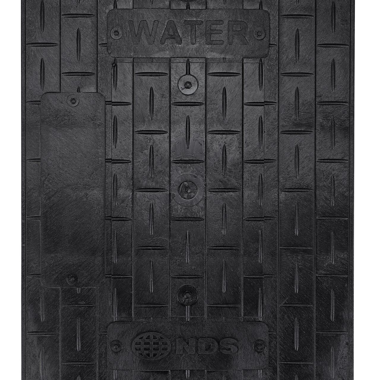 Closeup view of the Water markings on the Black Water cover for the NDS 14 in. X 19 in. Rectangular Standard Series Valve Box (NDS 113BCDW)