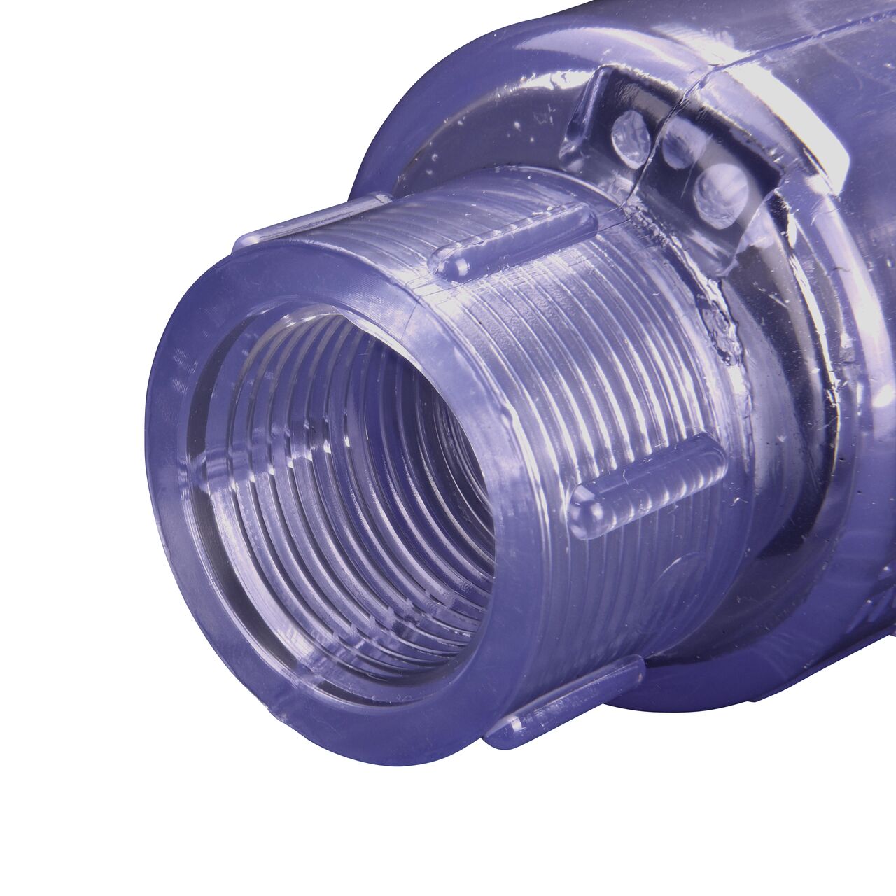 Closeup of the outlet end of the NDS Clear 3/4 in. female end by female end PVC Swing Check Valve (NDS 1520C07F) which prevents backflow in pipelines