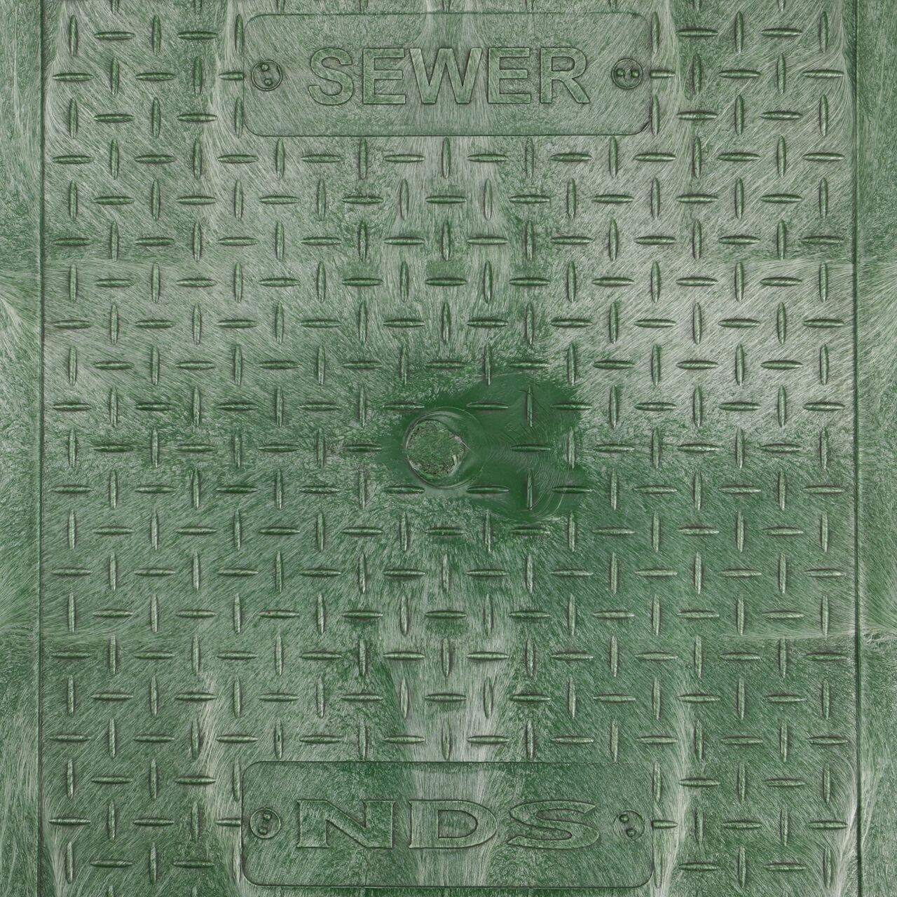 Closeup view of the Sewer markings on the Green Sewer cover for the NDS 14 in. X 19 in. Rectangular Pro-Spec® Series Valve Box (NDS 314BCBS)