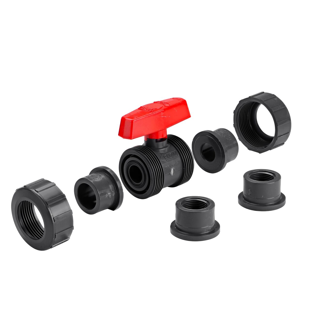 PVC True Union Ball Valve unassembled showing slip and threaded end that connects two 3/4 in. Sch. 80 pipes