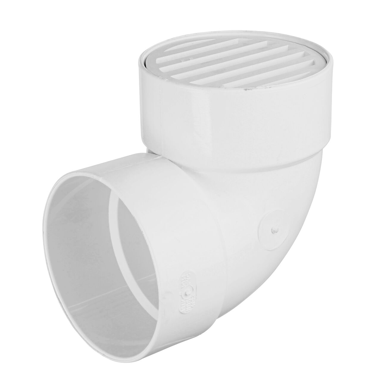 The NDS white 4 in. round grate (NDS 9P11) installed on a NDS 4 in. S&D Elbow Fitting (NDS 4P02); grate fits inside the 4 in. hub