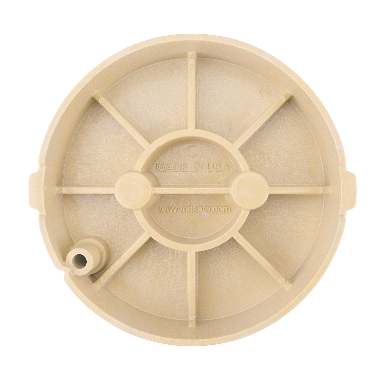 Top down view of the underside side of the Sand Irrigation Control Valve cover for the NDS 10 in. Round Pro-Spec® Series (NDS 312BCBSAND) showing reinforcing ribs that are load rated to withstand pedestrian traffic and the rigors of lawn care equipment