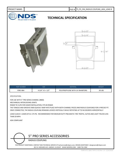 NDS 5 in. Pro Series™ Channel Drain Qwik-Turn™ Deep Profile Radius Coupling Tech Spec