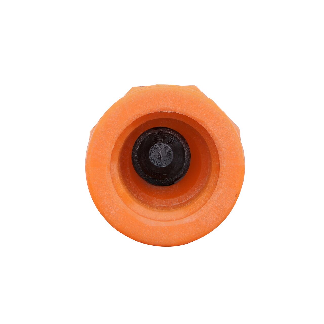 Down the Mouth view of the NDS Orange 1/2 in. IPS Female Threaded PVC Breakaway Coupling Valve (NDS 1010-05-O) showing the flapper