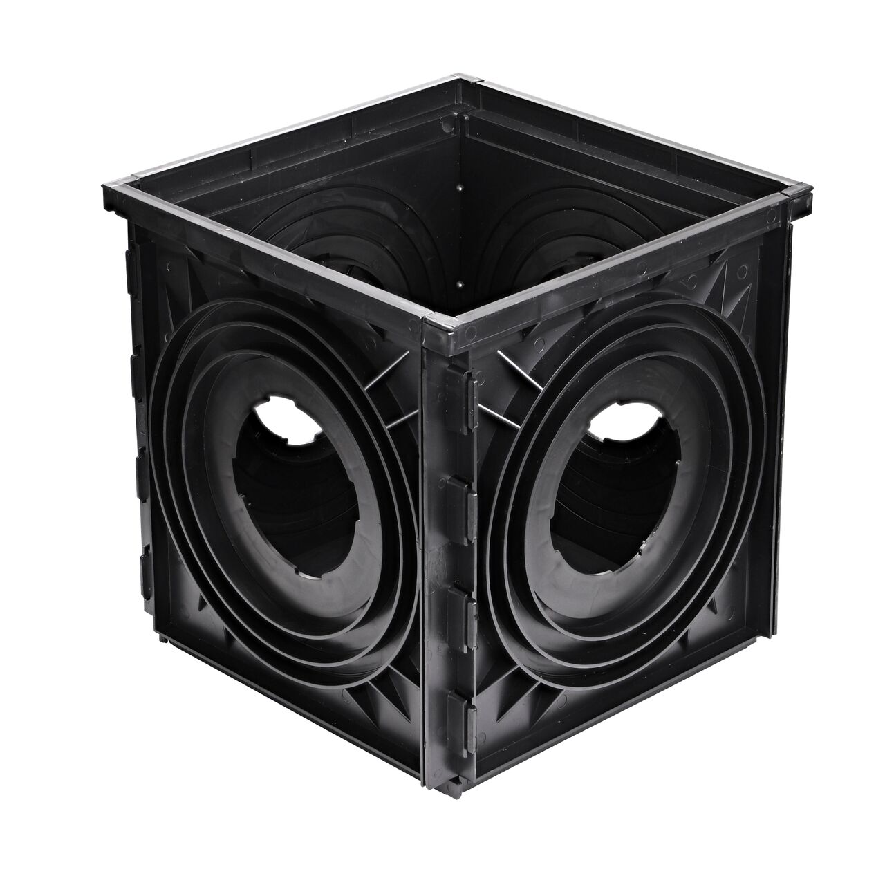Black plastic 18 in. Expandable Catch Basin Drain with 4 Openings (NDS 1804) drains water away through attached pipes