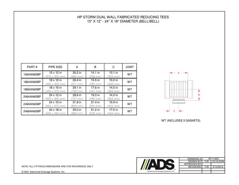 15" x 12" - 24" x 18" Reducing Tee - Bell/Bell (HP Storm Tees Fittings Manual) 