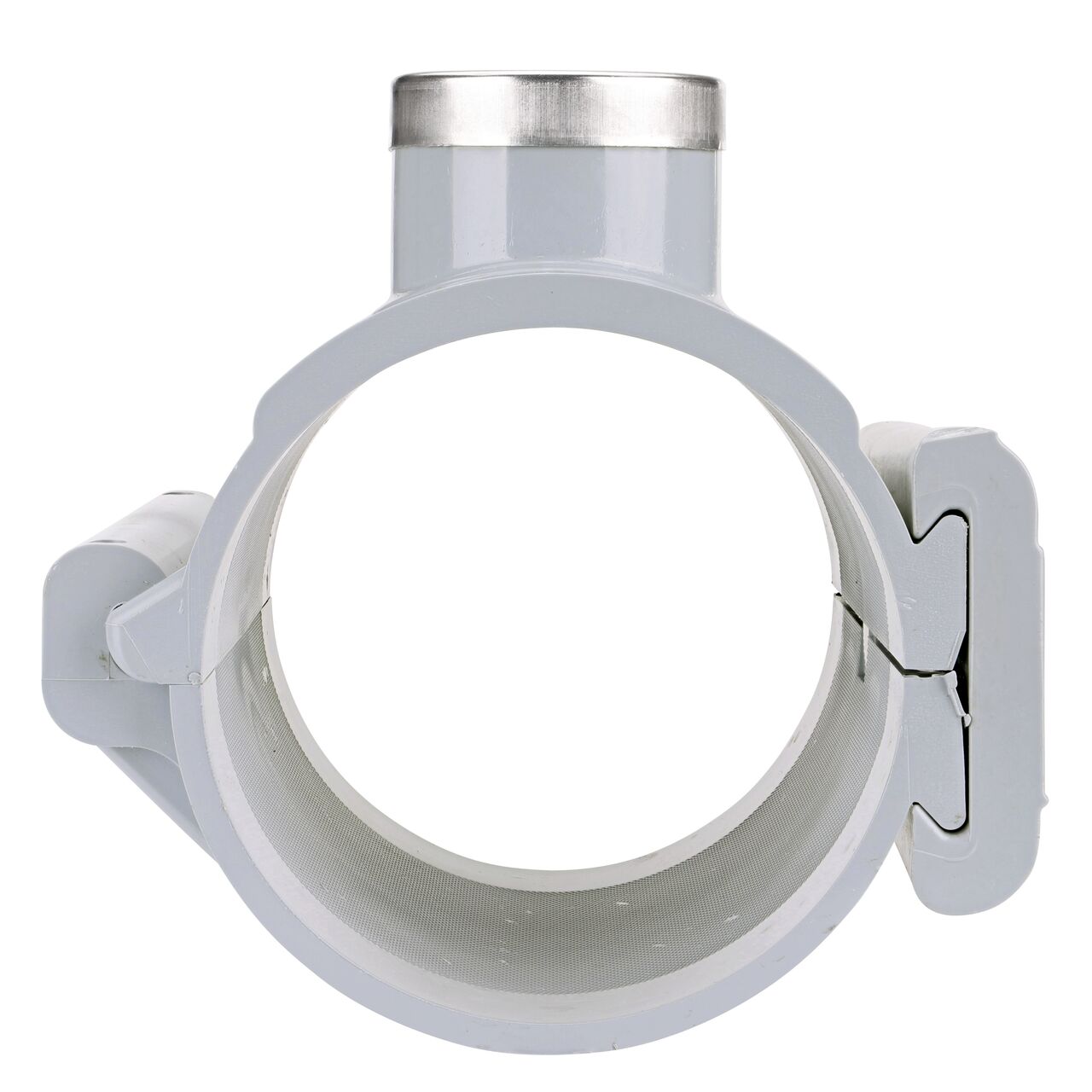 Front facing view of the NDS Clamp-It™ Rigid PVC Saddle with 1-1/2 in. FPT connection on top (NDS 444015) for 4 in. PVC pipe showing both the wedge and hinge sides