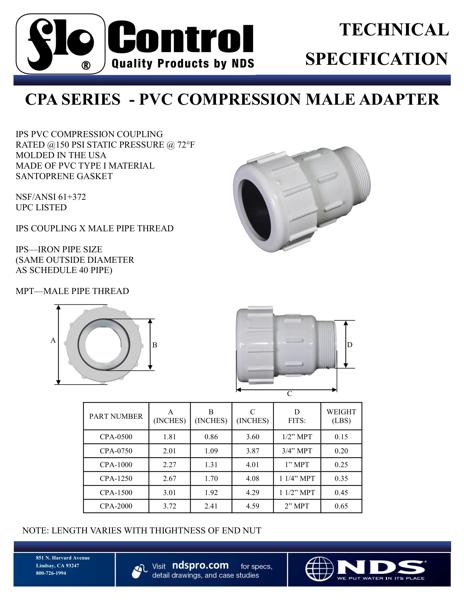 PVC Compression Adapter, 3/4 in. IPS UC X 3/4 in. IPS MPT, White