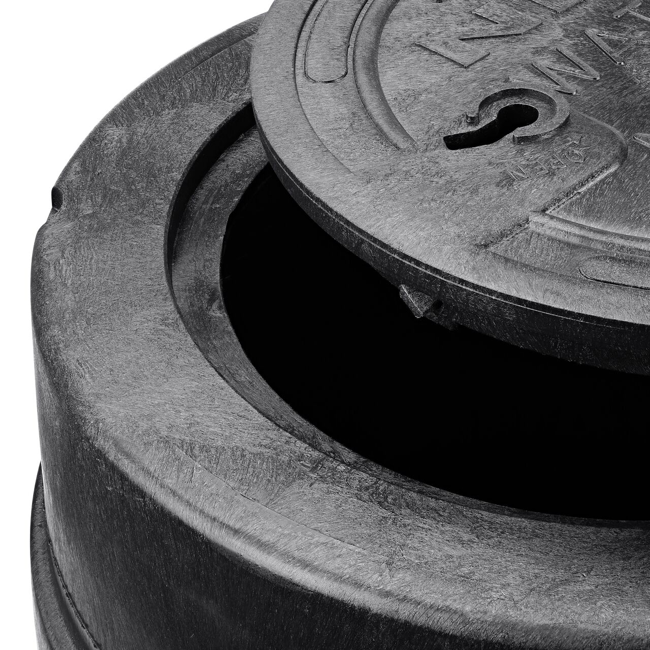 Align the latch on the lid with the latch from the NDS 16 in. Round Standard Series Black Meter Box and Black Water Meter Cover (NDS D2400-18LOCSB) for a secure fit