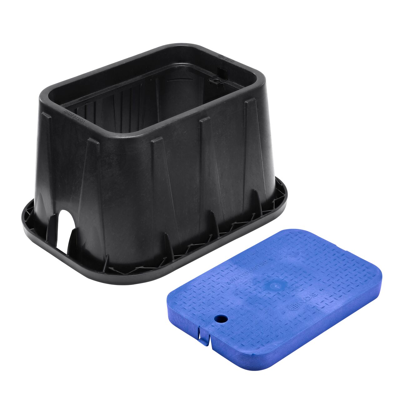 Unassembled View of the NDS 14 in. X 19 in. Black Rectangular Standard Series meter box and Blue Water Meter Drop-in cover (NDS D1200-DISBLU) with universal locking mechanism enabling a variety of bolts and screws to be used to secure the covers