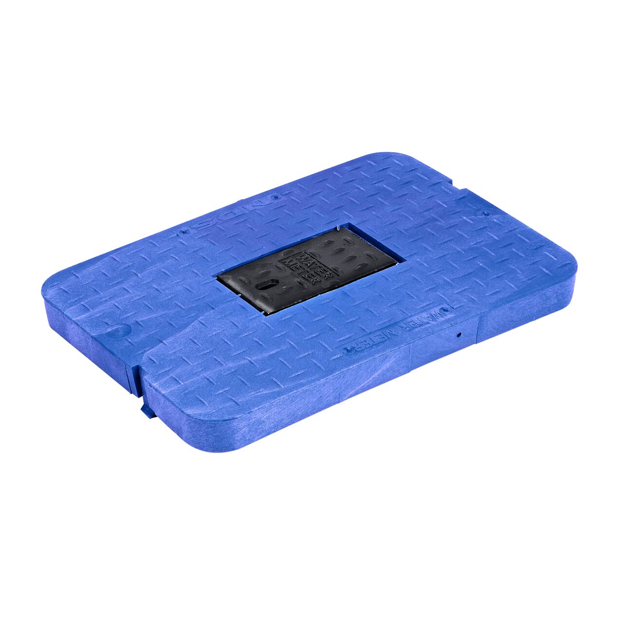 This NDS 13 in. X 20 in. Rectangular Standard Series Meter Box Cover is a Blue Drop-in Cover with Water Meter markings on the lid (NDS D1500-DICIRBLU) with a Cast Iron reader door and fits NDS standard series 13 in. X 20 in. meter boxes