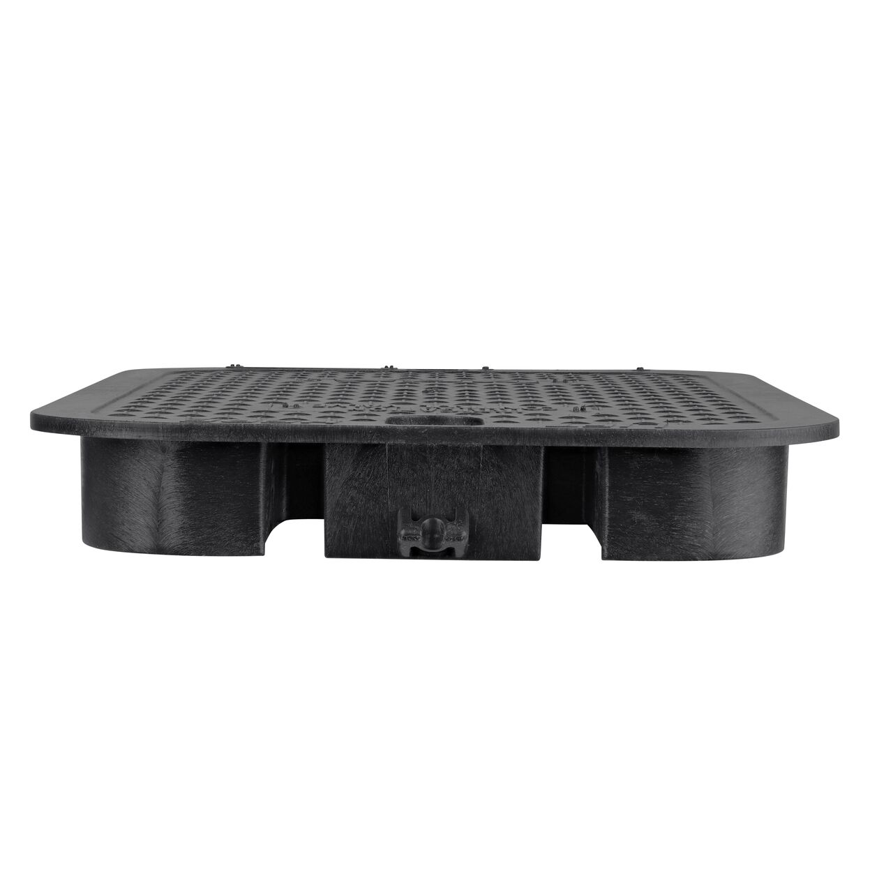 The NDS 14 X 19 in. Rectangular Standard Series Black Irrigation Control Valve Box Cover (NDS 113CB) is an overlapping lid shown here from the side, that prevents dirt and debris from entering the valve box