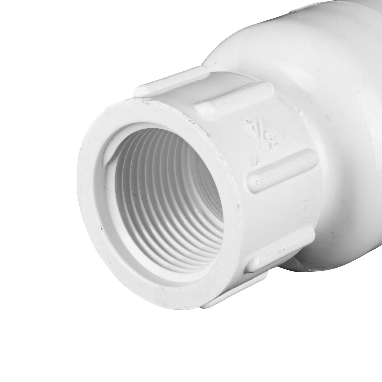 Closeup of the other threaded end NDS White 3/4 in. IPS FPT X FPT PVC Adjustable Spring Check Valve (NDS 1205-07, NDS 1205-07-20)