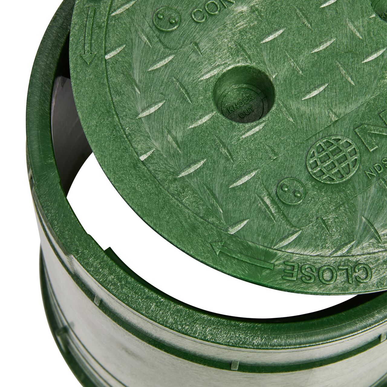 Align the bolt hole on the lid with the bolt hole from the NDS 6 in. Round Standard Series Green Box and Green Irrigation Control Valve Cover (NDS 2108BC) for a secure fit