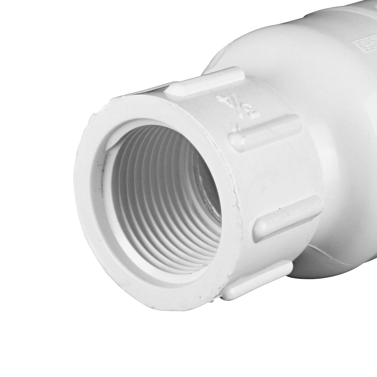 Closeup of the threaded end of the NDS White 3/4 in. IPS FPT X FPT PVC Adjustable Spring Check Valve (NDS 1205-07, NDS 1205-07-20)