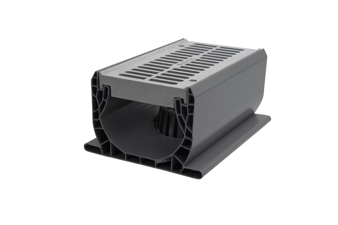 Side view of the Spee-D® Channel Drain Bottom Outlet Assembly showing the connection with the Spee-D Channel Drain System and the inside drain that connects to drainage pipe in the bottom of the drain (NDS 2351*, NDS 2351)