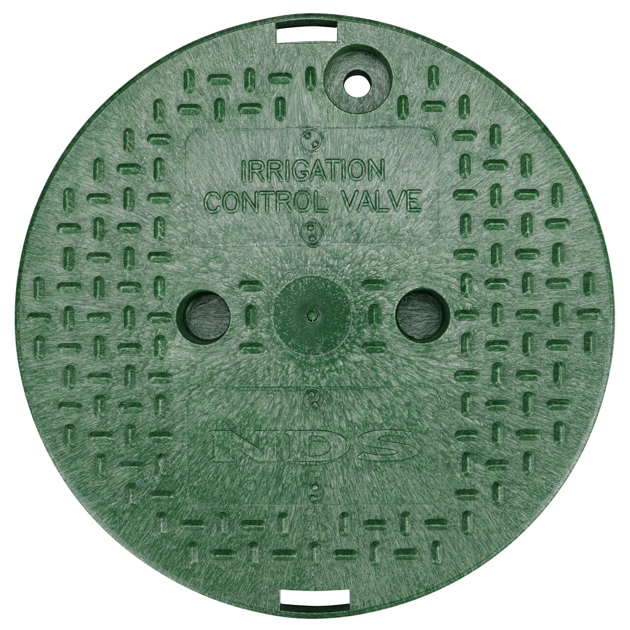 Top down view of the top side of the green irrigation control valve cover for the NDS 10 in. Round Standard Series (NDS 111BCB) shows markings, two finger slots to twist and remove lid