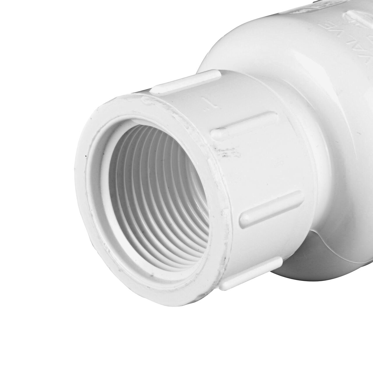 Closeup of the other threaded end on the NDS White 1 in. IPS FPT X FPT PVC Adjustable Spring Check Valve with 4-1/8-17 lb. Spring (NDS 1205-10)