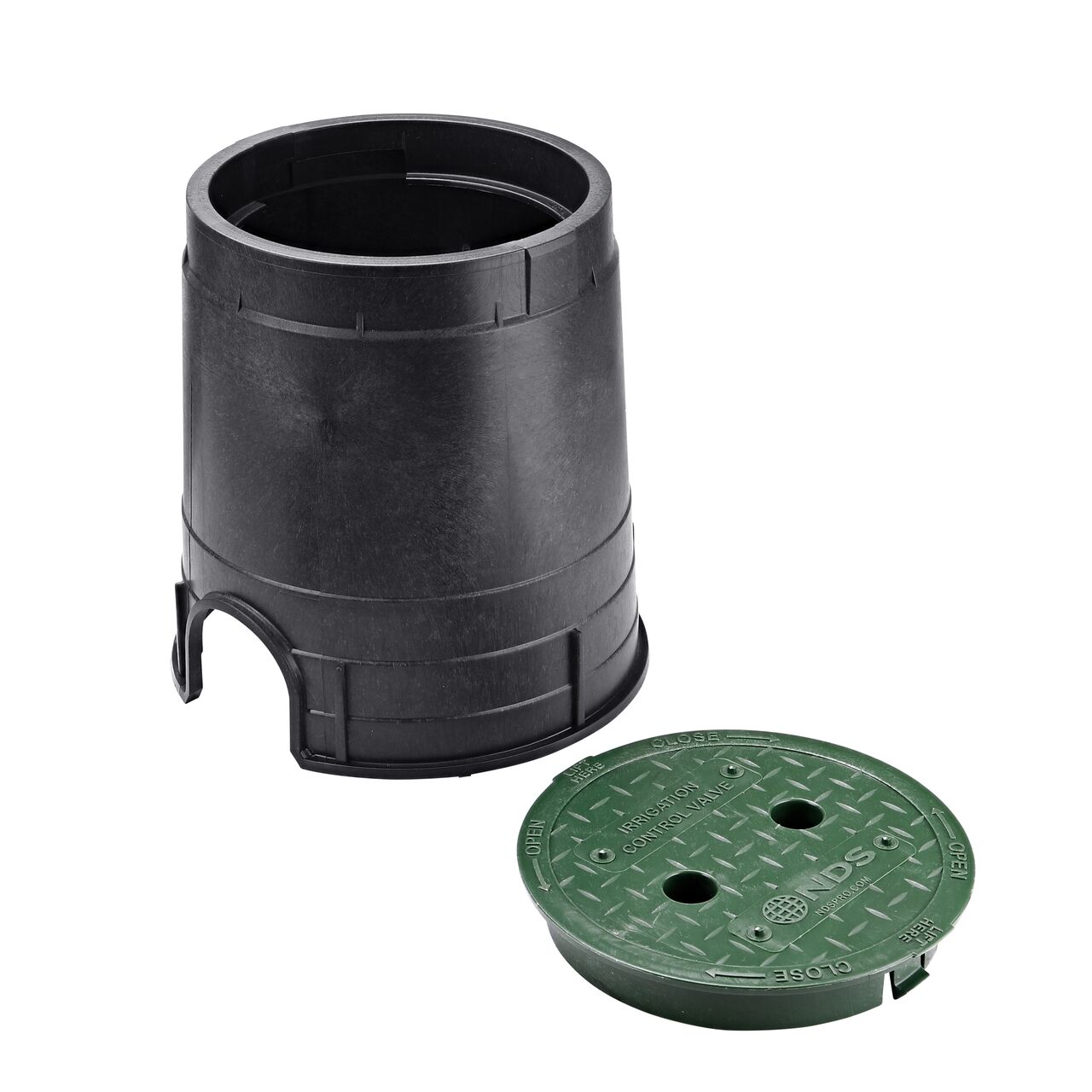 Unassembled View of the NDS 6 in. Round Standard Series Black Box and Green Irrigation Control Valve Cover (NDS 2107BC) showing the inside support and the overlapping cover with a bayonet twist-lock lid featuring two finger slots, making it easy to remove or secure onto the box.