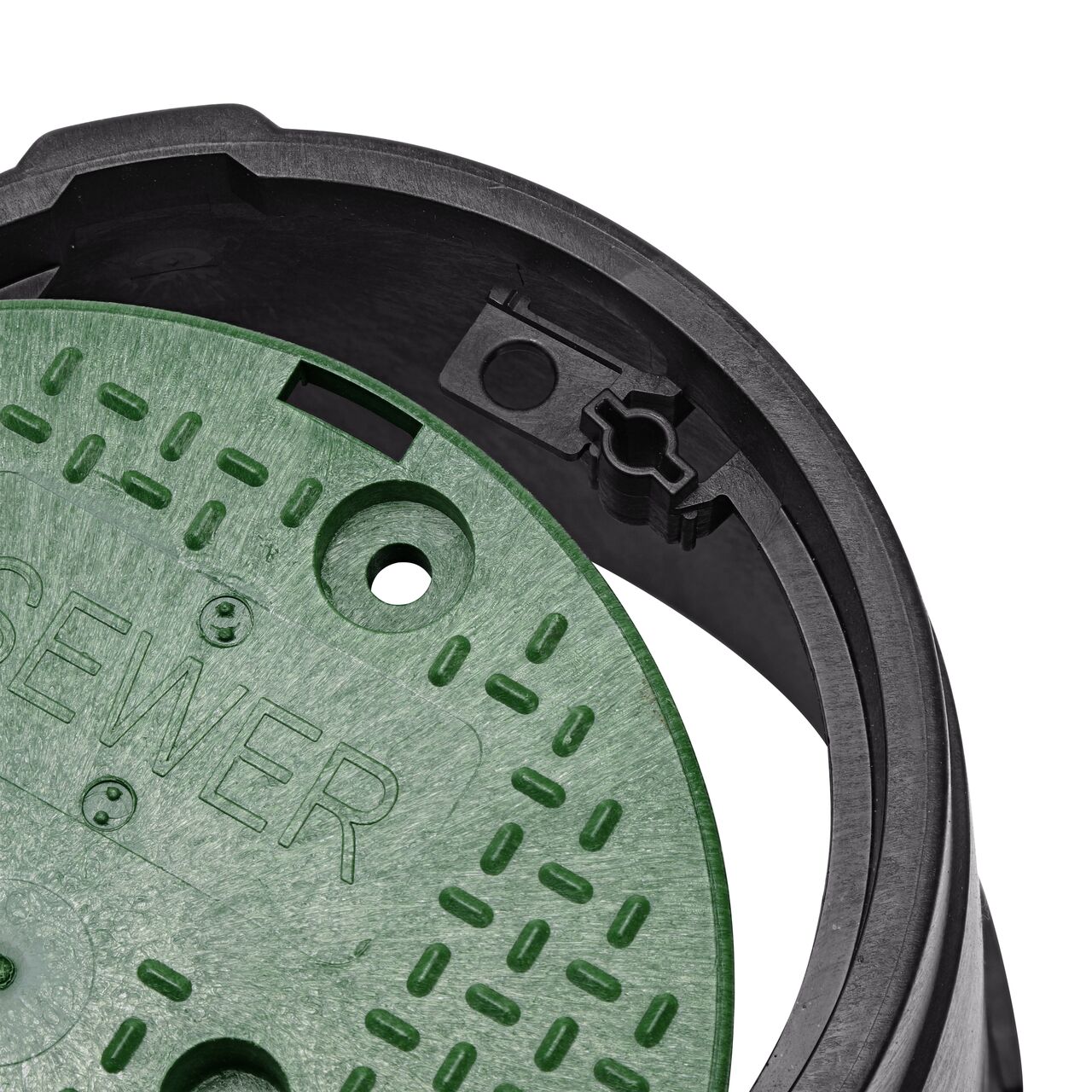 Align the bolt hole on the lid with the bolt hole from the NDS 10 in. Round Standard Series Black Box and Green Sewer Cover (NDS 111BCS) for a secure fit