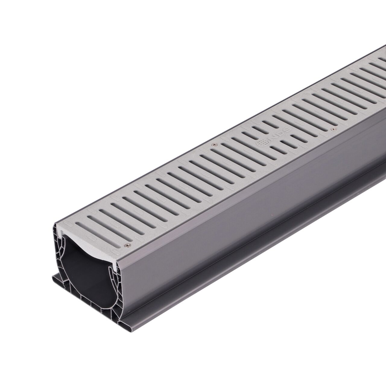 The NDS Spee-D® Channel Drain Grate in Gray Plastic (NDS 241) installed on the NDS Spee-D® Channel Drain