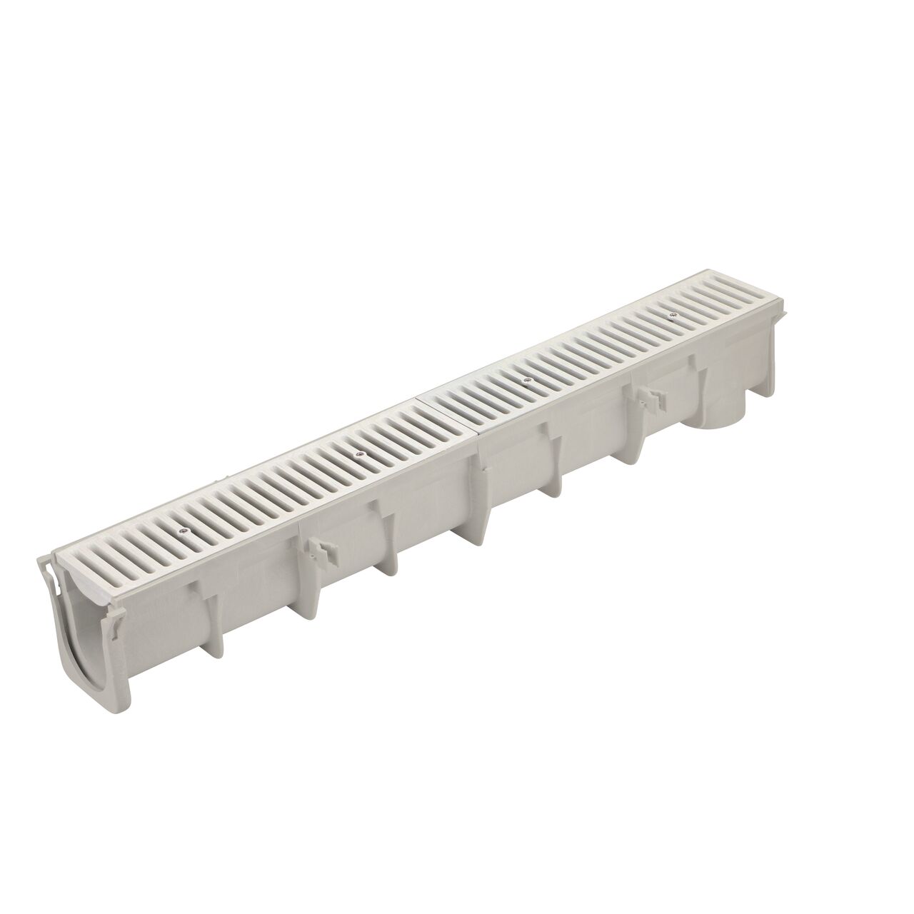 The NDS 5.68 to 6.01 in. Deep Dura Slope Channel (NDS DS-096) with the Standard Duraslope Light Gray Grate installed (NDS 661LG)