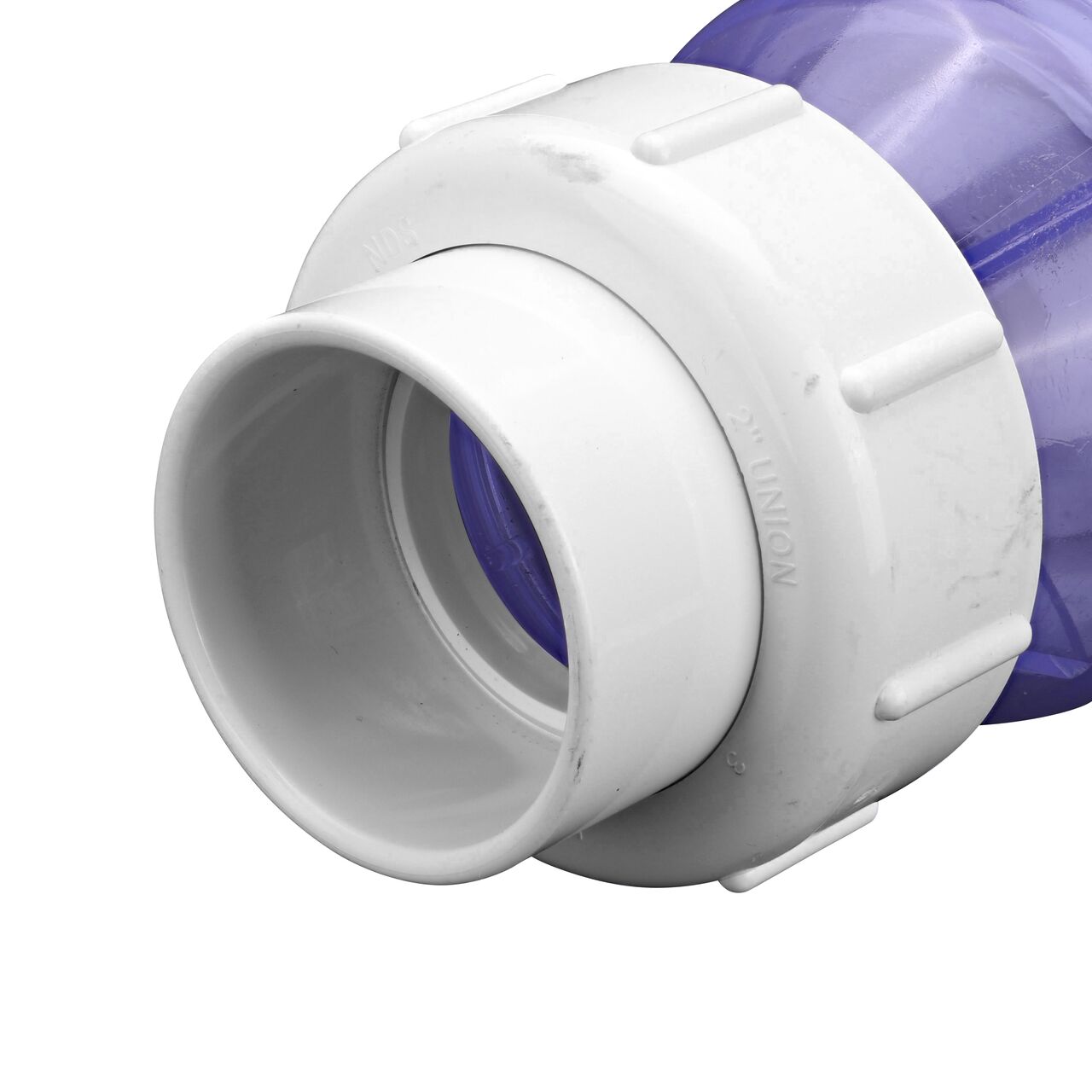 Closeup of the outlet end of the NDS Clear 2 in. slip end by slip end with 1/2 lb. spring PVC True Union Spring Check Valve (NDS 1700C20) which prevents backflow in pipelines
