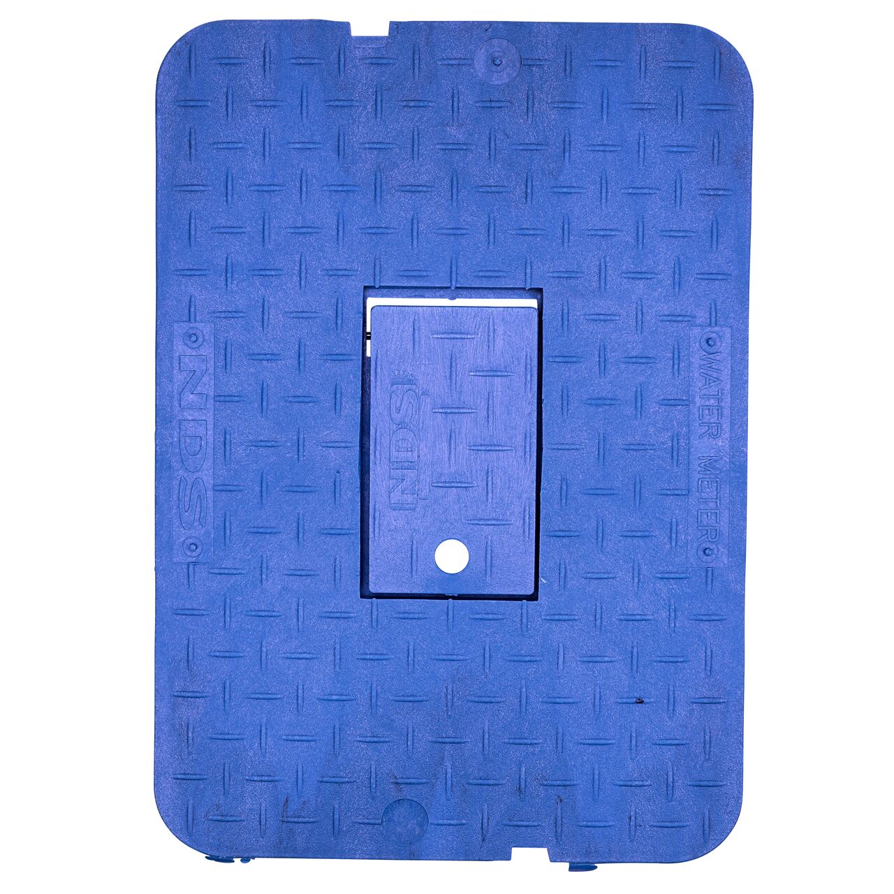 Top down view of the top side of the Blue Water Meter Drop-in cover (NDS D1500-DIRBLU) with Plastic reader door for the NDS 13 in. X 20 in. Rectangular Standard Series meter box