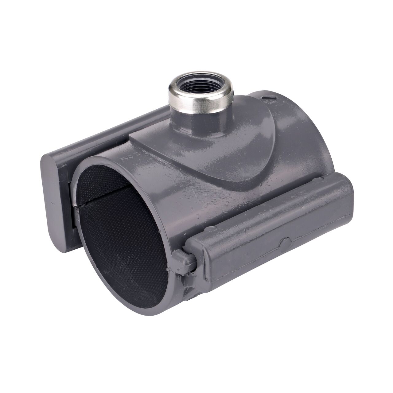 The NDS Clamp-It™ Rigid PVC Saddle with 3/4 in. FPT connection on top (NDS 443007) for 3 in. PVC pipe has a patented wedge design on one side and hinge on the other to install a sprinkler irrigation system to existing pipe without any bolts