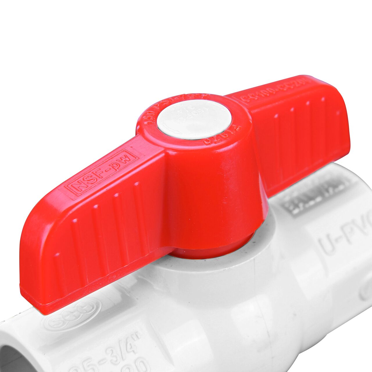 Closeup of the NDS IPS Ball Valve showing the handle that rotates two ways to control water flow (NDS E1410-07)