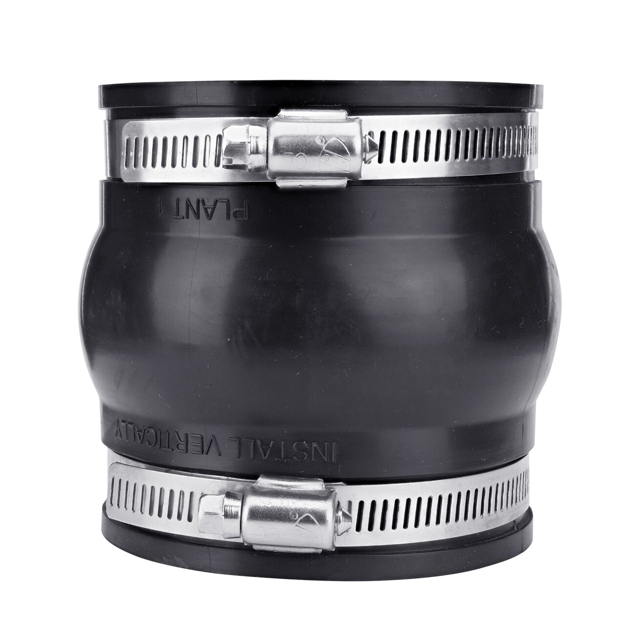 NDS flexible expansion joint, in vertical position, has two ends that slide onto 3 in. pipe with clamps to tighten to secure it in place (NDS XJ3)